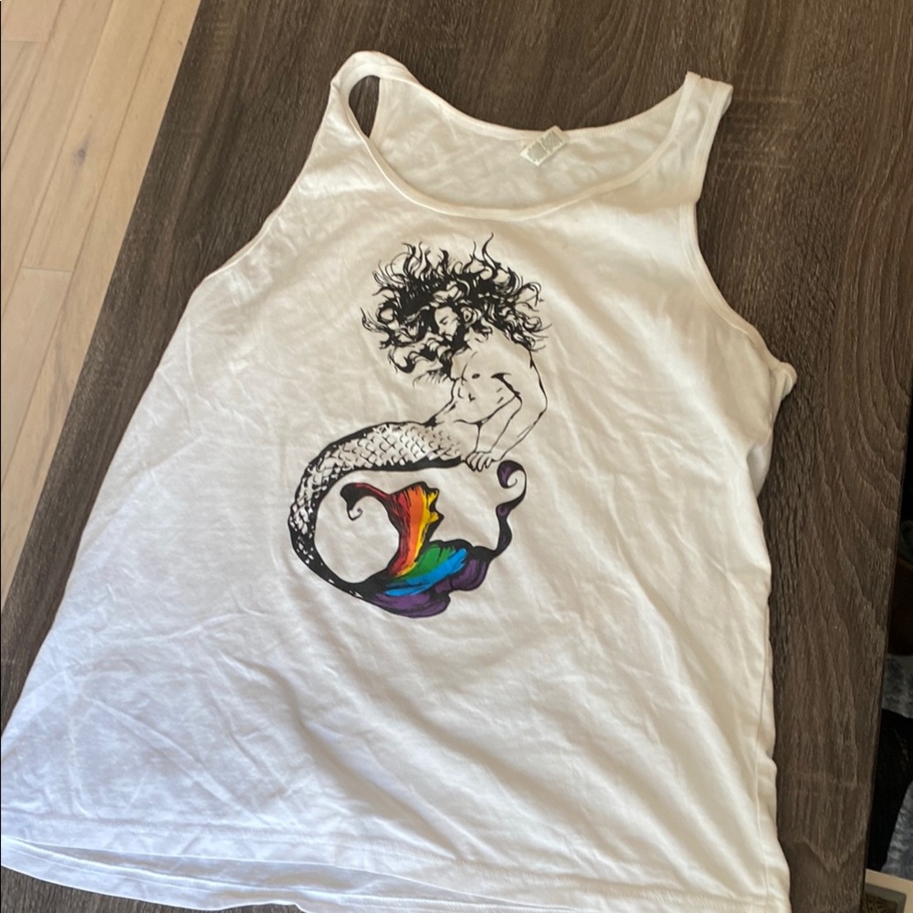 White Tank Top with Mermaid Design (Rainbow Tail)